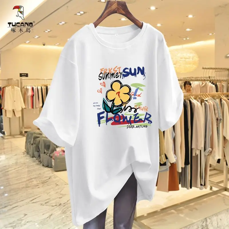 

Summer Comfortable Casual Short Sleeve Loose T-shirt Women Cartoon Printed M-6XL Basics Top Tees O-neck Pure Cotton Pullover