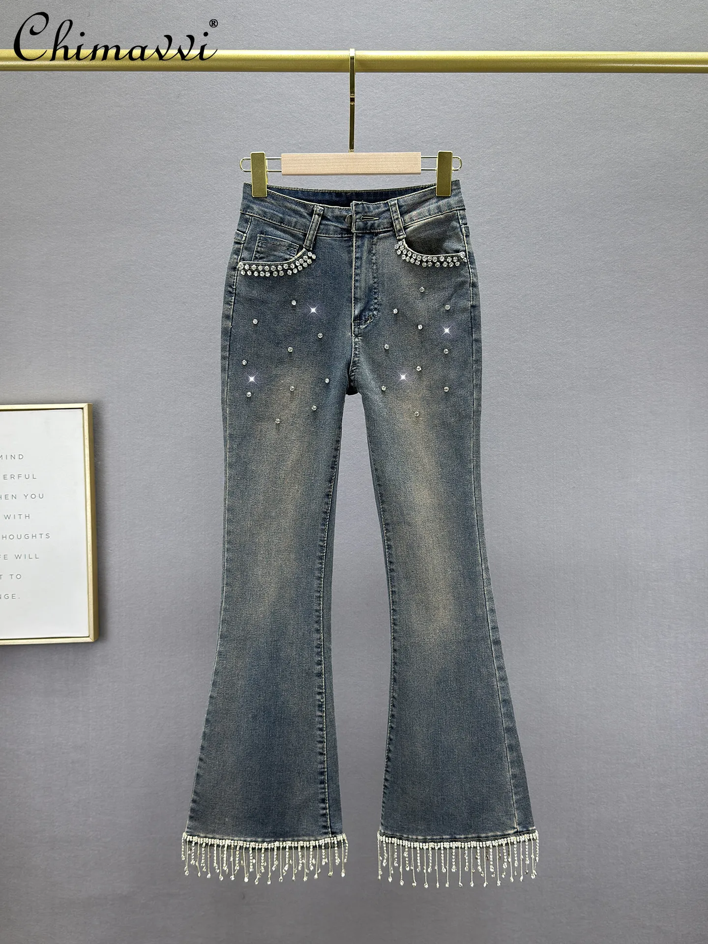 

Heavy Tassel Diamond Jeans Women's 2026 Summer New Fashion Stretch High Waist Silm European Nine-point Micro Bootcut Pants