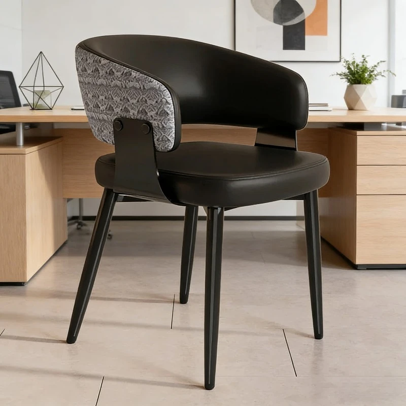 hh-Modern Dining Chair with Leather Upholstery, Patterned Fabric Back Panel, Curved Armrests Chair for Kitchen & Dining Room^
