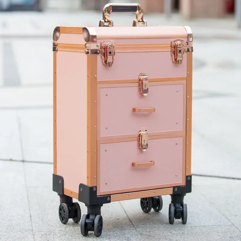 1pc Aluminum Alloy Professional Makeup Box Trolley with Makeup Artist Portable  Lock Embroidery Beauty Hair Toolbox