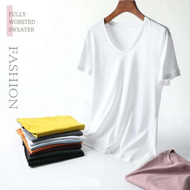 Summer Women Soft Silky Double Mercerized Roman Cotton T-shirts O Neck Straight Short Sleeve Multicolor T-shirt Casual Tops 2021