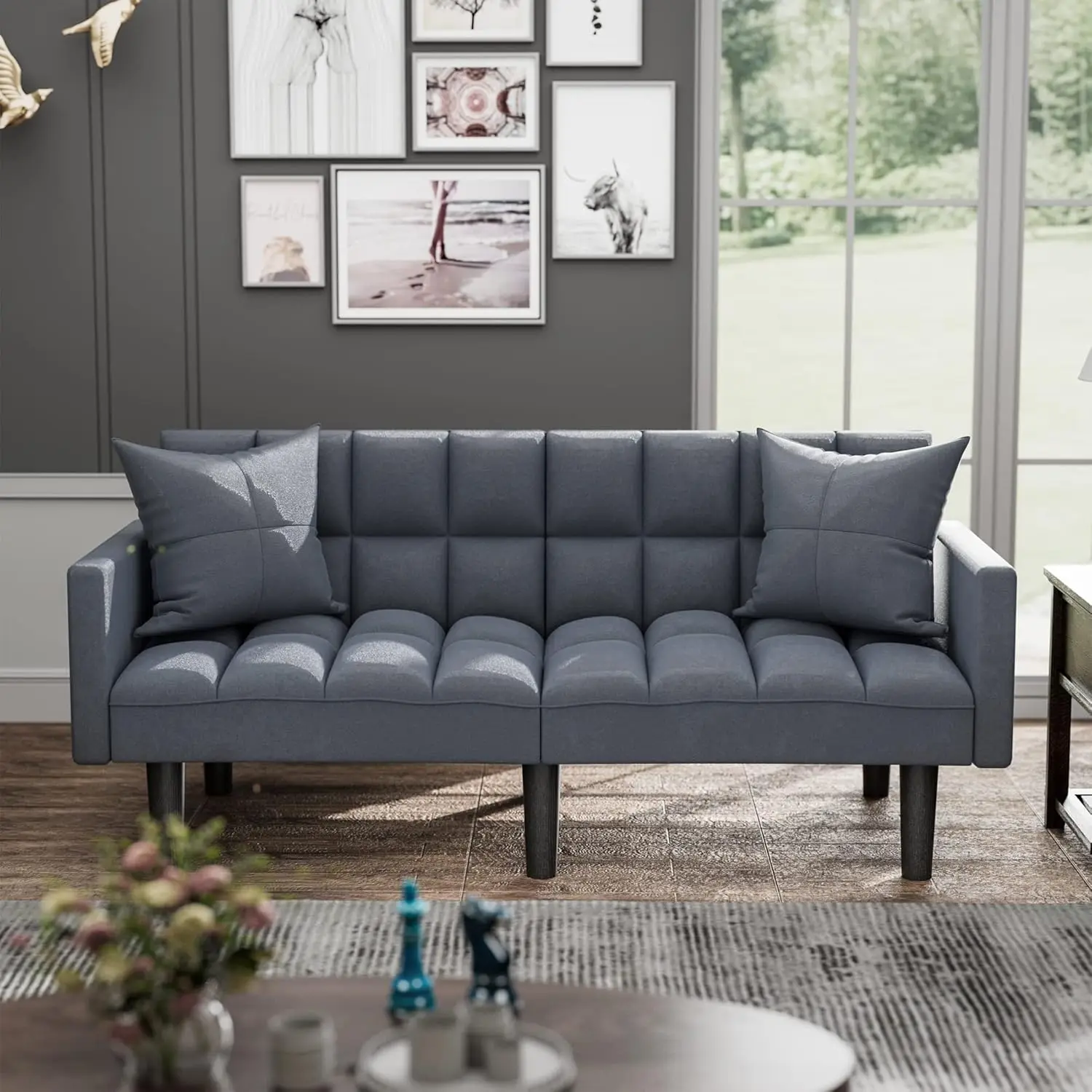 

Современный диван-футон с функцией раскладывания, трансформируемый в кушетку, с подлокотниками и двумя подушками, размер Twin, для гостиной