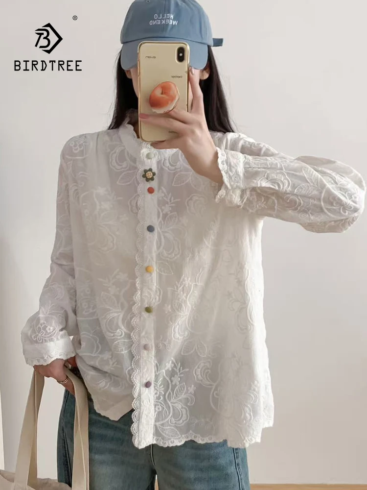 

New 2026 Spring Women Cotton Long Sleeve Shirt, Stand Embroidery, Mori Girl Colorful Buttons French Sweet Loose Blouse T62153CC