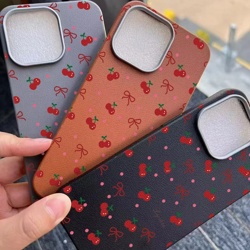 Trendy Red Cherry Bowknot Dots Case Compatible for IPhone 16 13 15 11 12 14 Pro Max XR 15 16 Plus X XS Max Leather Texture Case