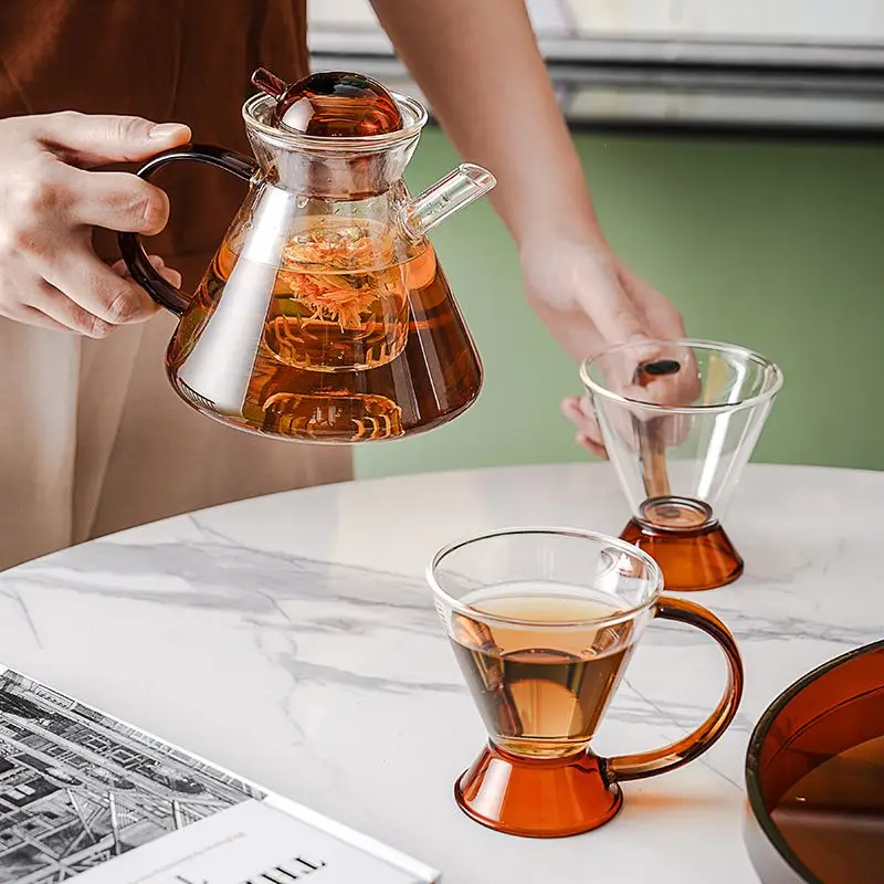 Nordic Colored Glass Teapot Tea Cup Set Heat Resistant Kitchen Cup Coffee Puer Teaware Jasmine Milk Oolong Black Tea Kettle