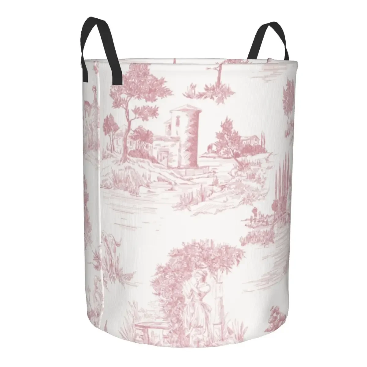 Custom Vintage Toile De Jouy Laundry Basket Foldable Blush Pink White Clothes Hamper for Baby Kids Toys Storage Bin