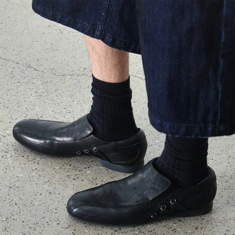 Black Washed Genuine Leather Strap Square Toe Racing Shoes Men One Foot Commuting Luxury Handmade Solid Color Derby Shoes
