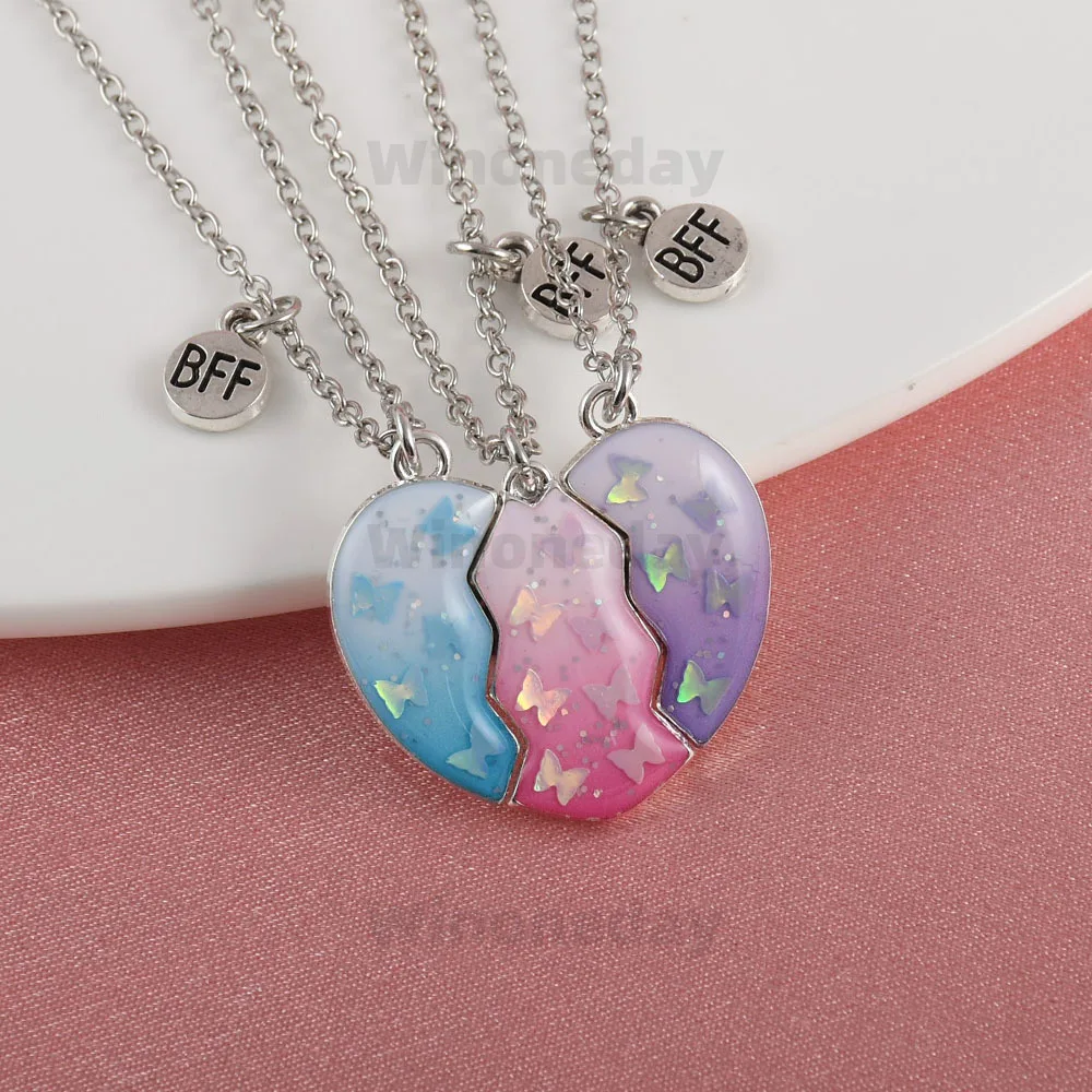Winoneday 3Pcs/set Colorful Butterfly Heart-Shape Sequin Stitching Best Friend Necklace for Girls Fashion Friendship Gifts