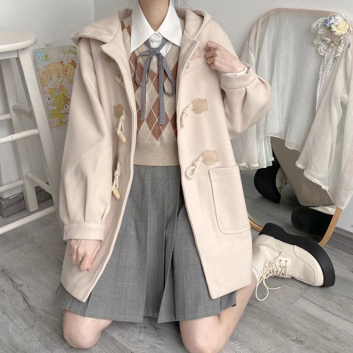 Cute Girl Spring And Autumn New Medium And Long Styles Horn Button Coat Collection Casual Fashion Trends Versatile Lazy Wind