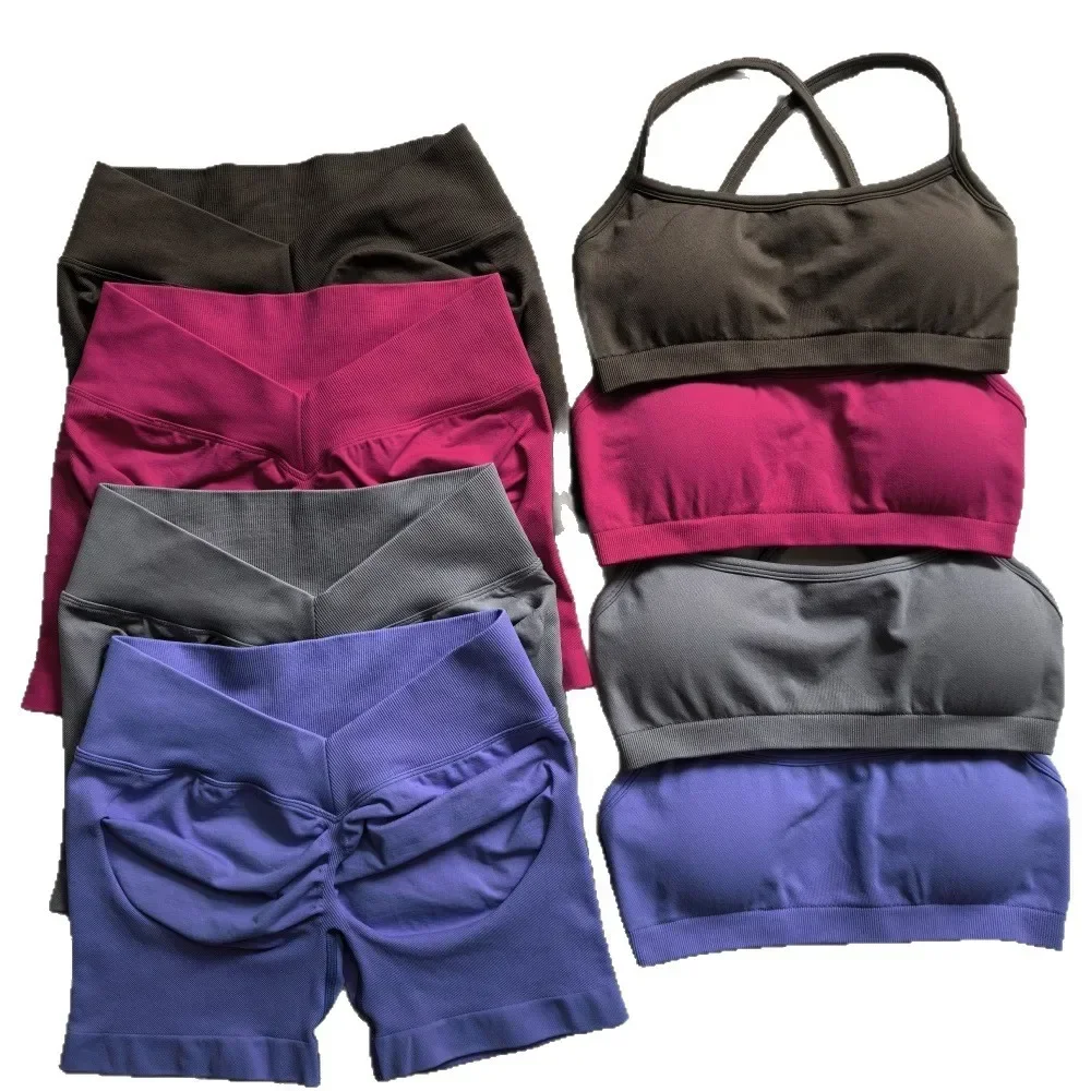Hot Sale hot 2Pcs Impacts Gym Set  Elastane Triple Wear Removable Shoulder Strap Seamless Fitness Bra Sports Bra