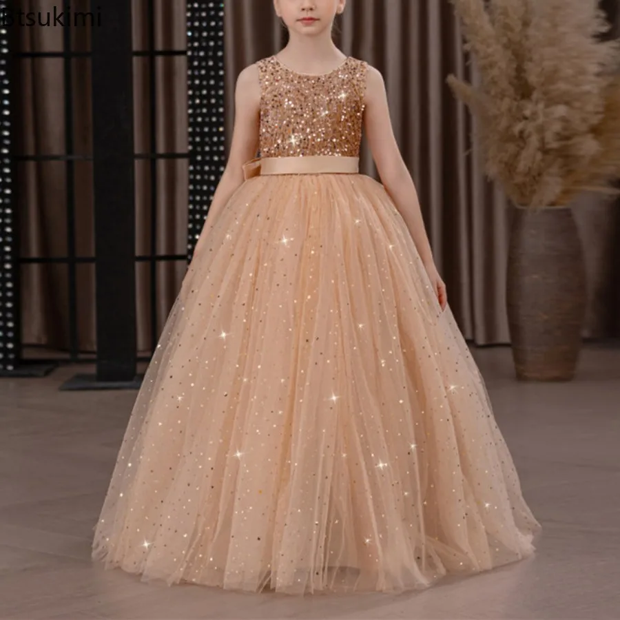Prinzessin Langes Kleid Blumenmädchen Kleid Luxus Hochzeit Formales Kleid Teenager Kind Host Klavier Leistung Geburtstag Party Kleider 8-14Y