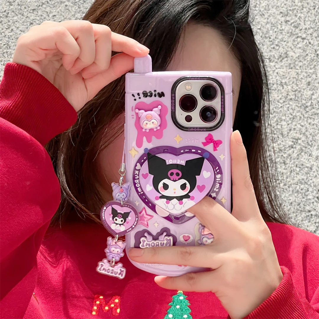 Cartoon Hello Kitty Kuromi Cinnamoroll z lustrzanym etui na telefon do iPhone\'a 16, 15, 14, 13, 12, 11 Pro Max Pokrowiec zapobiegający upadkowi