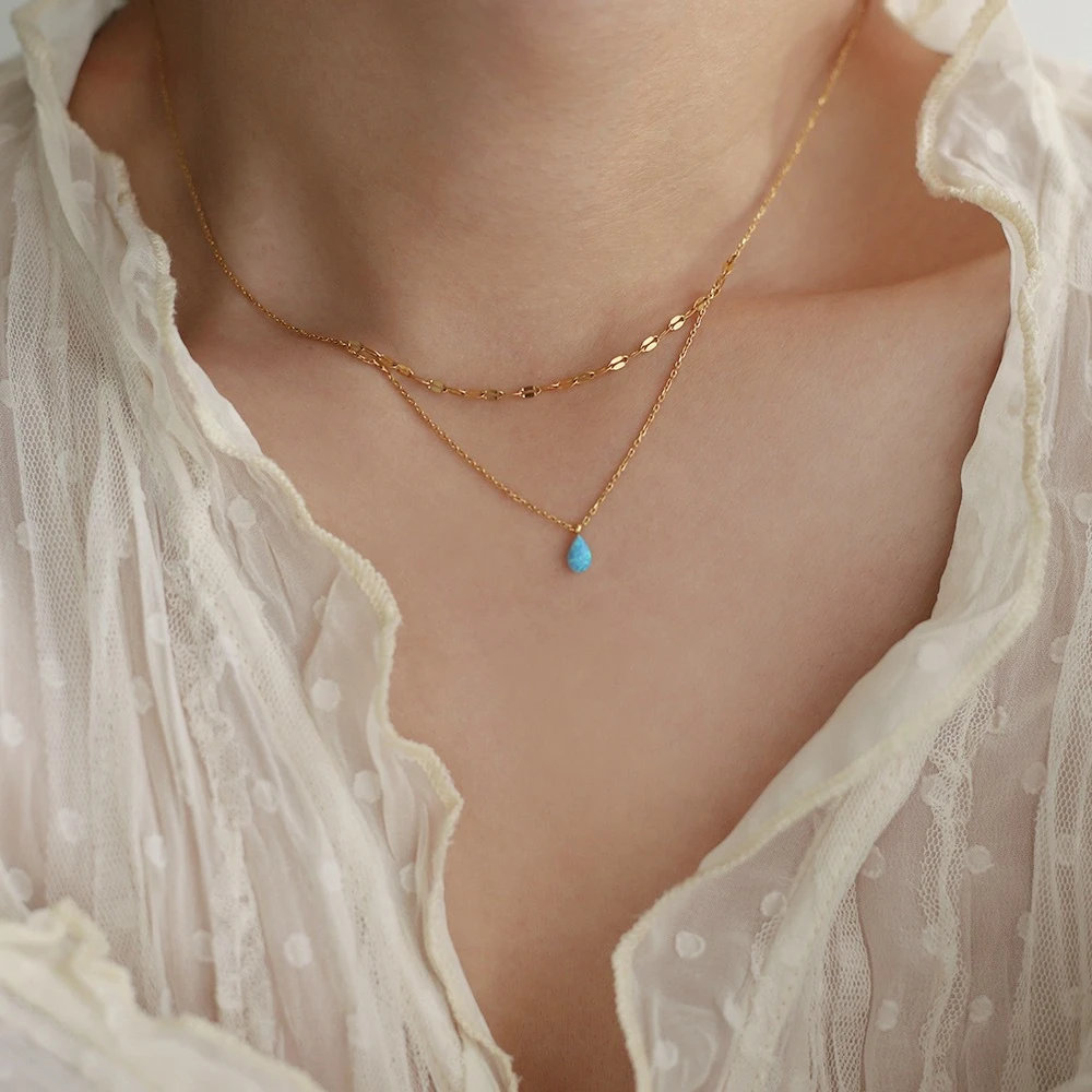 Stainless steel blue tears small and delicate Aobao blue water droplet sparkling double-layer necklace plated with 18K gold