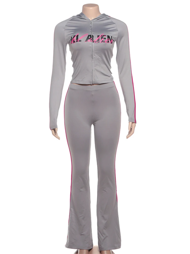 Cutenew 스포티 한 편지 인쇄 2 조각 세트 여성 트랙 수트 탄성 후드 재킷 + 바지 캐주얼 타이트 매칭 스트리트웨어 의상