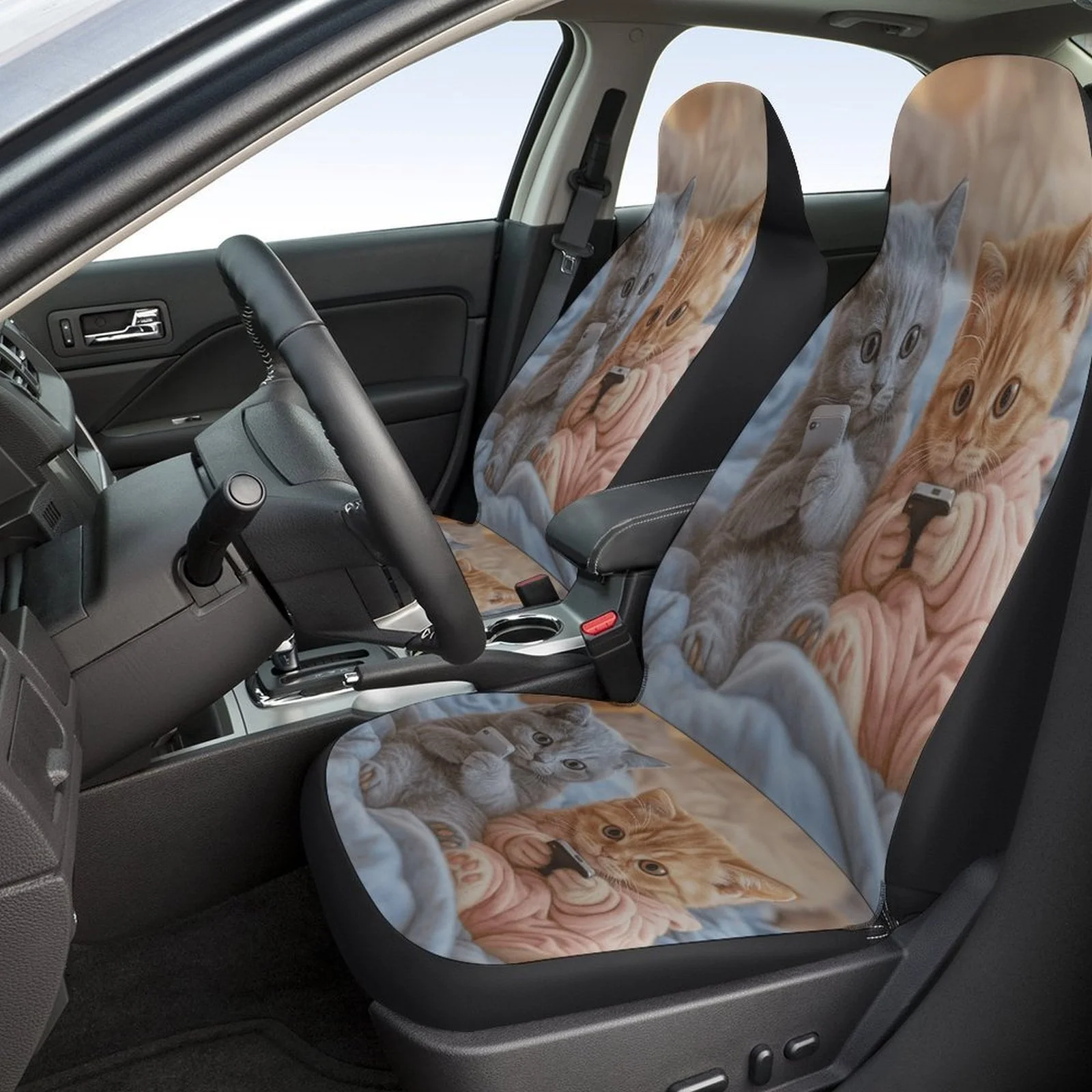 A Complete Set Of Car Seat Covers Featuring A Cat And Phone Theme, Designed To Fit Most Vehicles. These Stylish And Comfortable