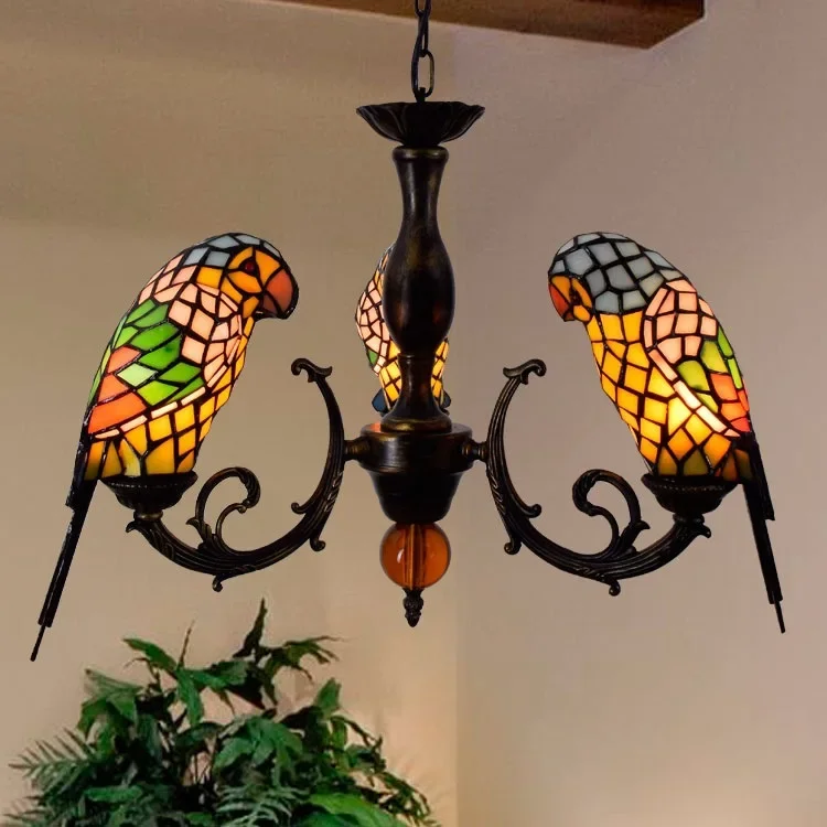 European Style Retro Glass Parrot Ceiling Chandeliers Pastoral Style Dining Living Room Pendant Lamp Home Decor Hanging Light