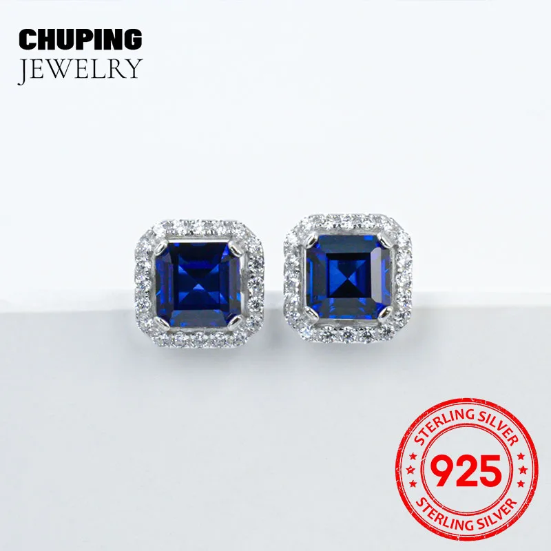 

Серьги ChuPing Fine Jewelry Lab с рубинами и сапфирами огранки Ашер 5*5 мм из серебра 925 пробы для повседневного образа или в подарок на День святого Валентина или день рождения