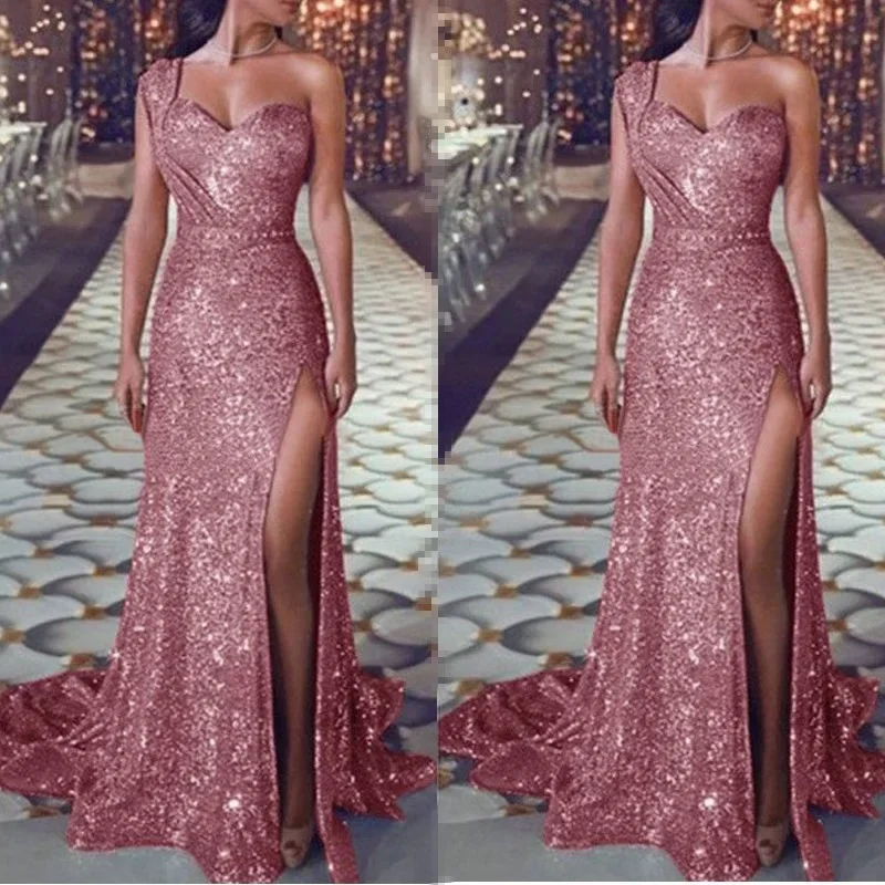 2022  Models  Dresses Women Elegant And Sexy One-shoulder Sleeveless Bronzing Dress Split  Wo