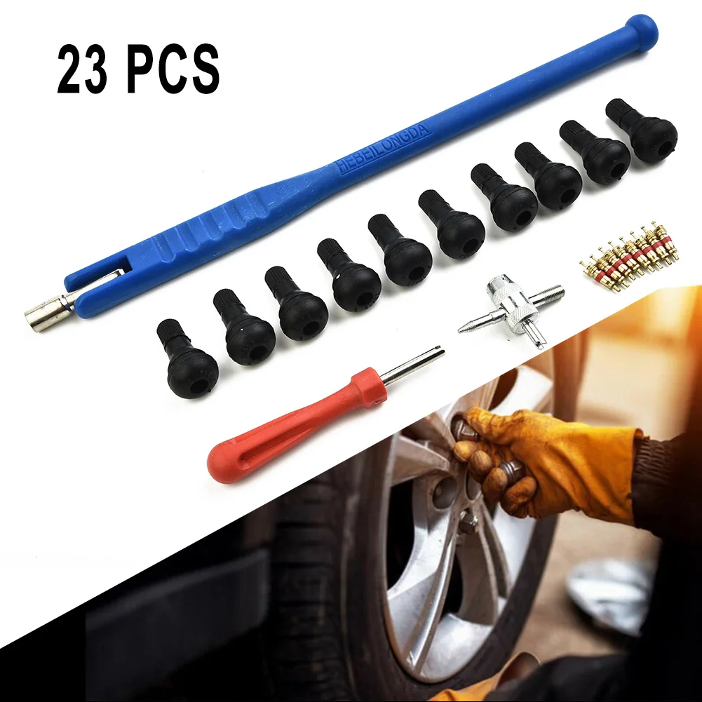 Valve Core and Stem Set 23pcs Kit with Core Remover, Stem Puller, 4 Way Tool Brass, Natural Rubber, Nylon, Heat Treated Iron
