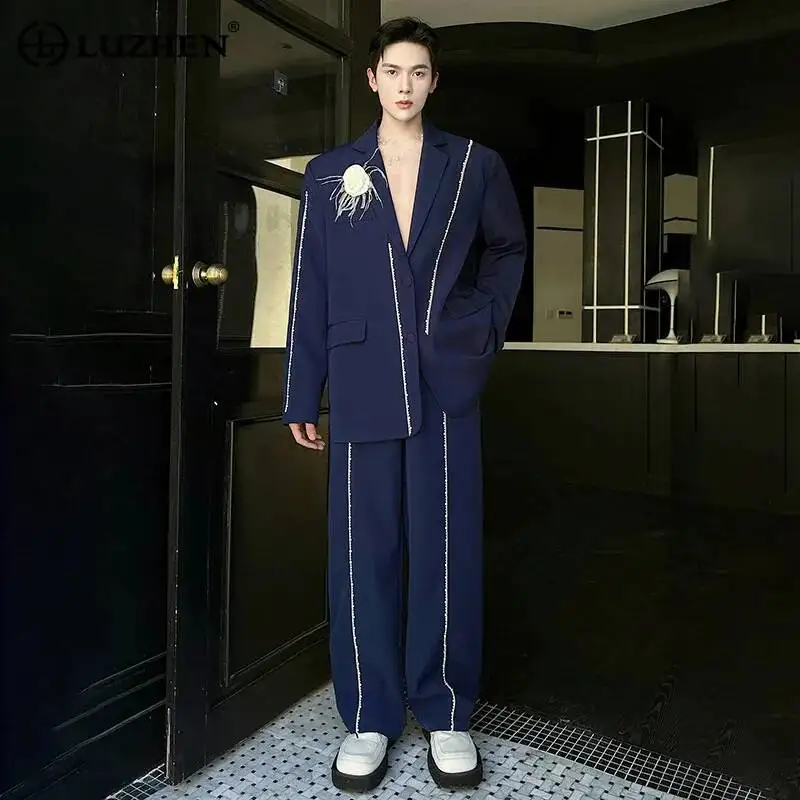 LUZHEN New Luxury Handsome Two-piece Sets Men's Fashion 2025 Three-dimensional Blazer Coat Suit Straight Stripe Trousers JY7092