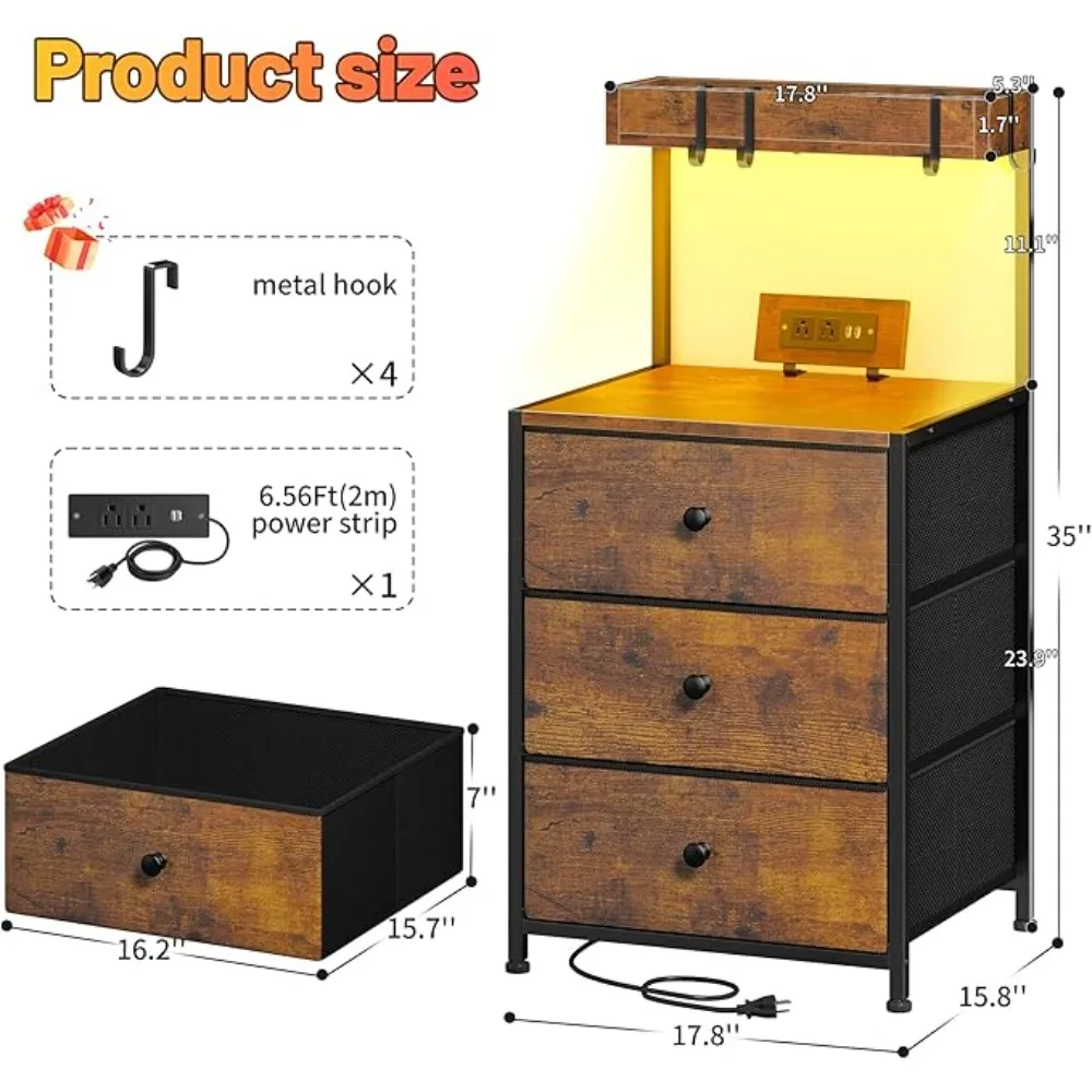 충전 스테이션 및 LED 조명이 있는 높은 나이트 스탠드 세트, 서랍과 선반, 침대 옆 테이블, 2 개