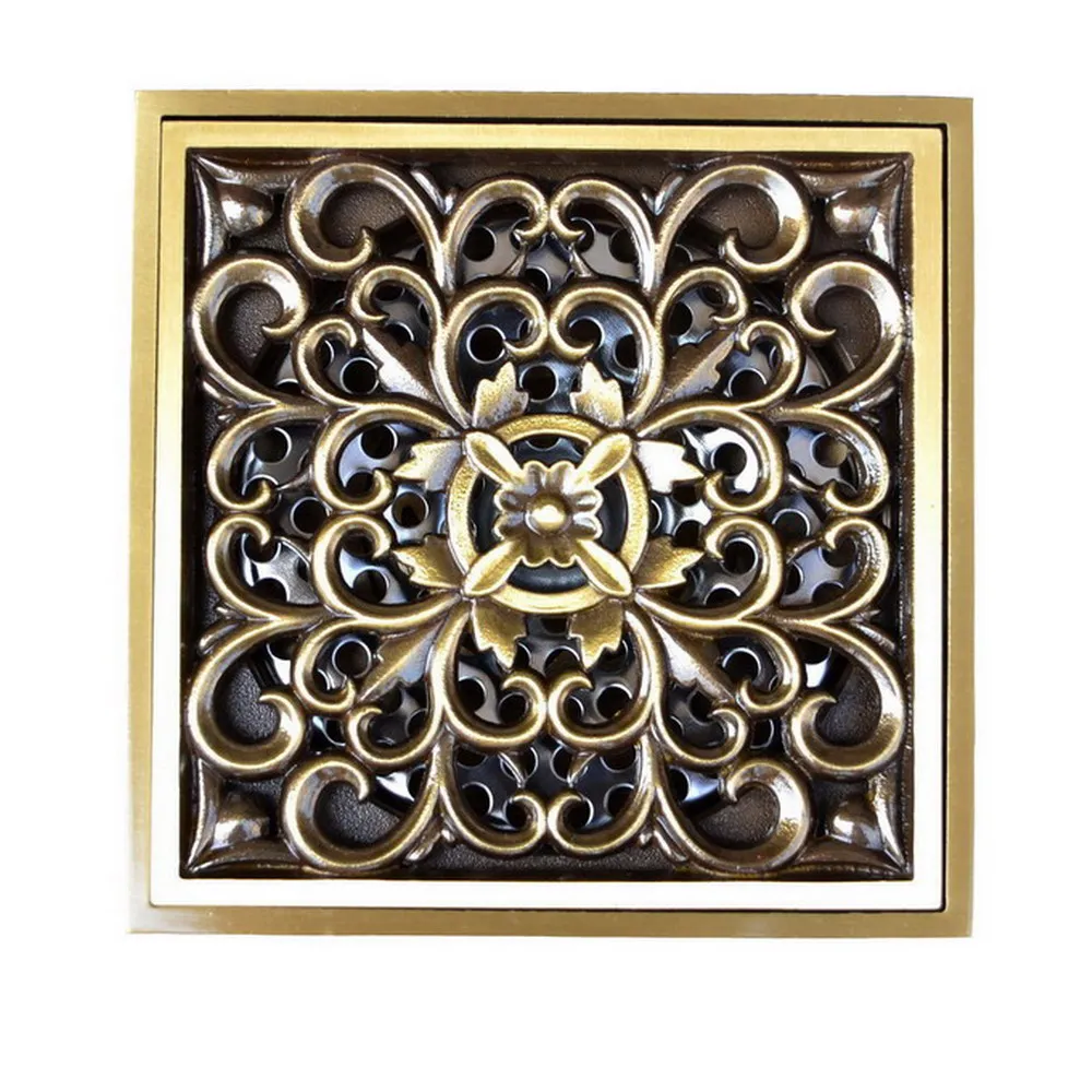 Antique Bronze Brass Floor Drains Art Flower Carved Bathroom Shower Square Strainer Waste Grate Floor Drain Khr013