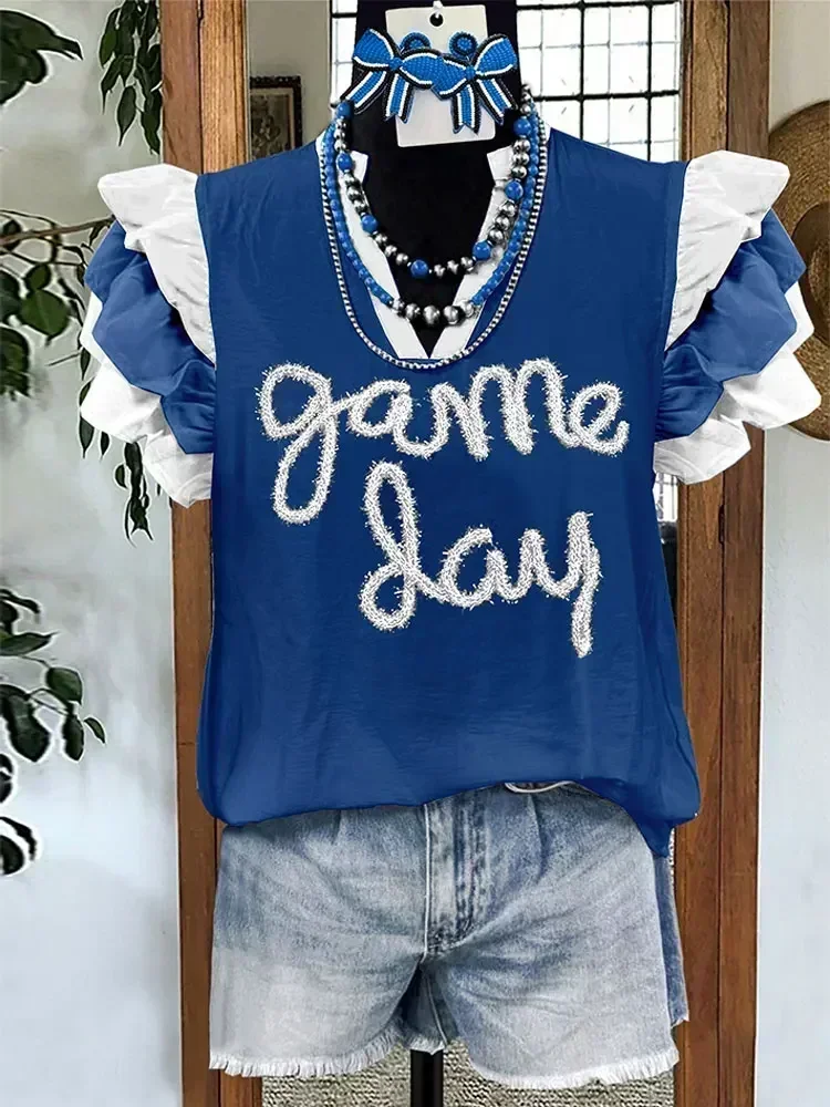 Casual Gameday Letter Stripe Print Top  Ruffled  Blouse