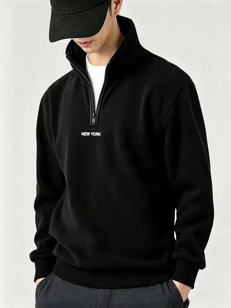 NEW YOUR Letter printing Men's Clothes Casual Half Zip Long Sleeve Sweatshirts Street Trend Stand Collar Tops Autumn Hoodies Tee
