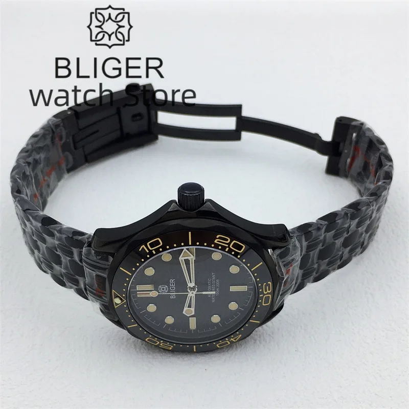 BLIGER 41mm NH35 Automatic Mechanical Men\'s Watch Black Dial Luminous Index Sapphire glass Spiral Crown Stainless Black Bracelet