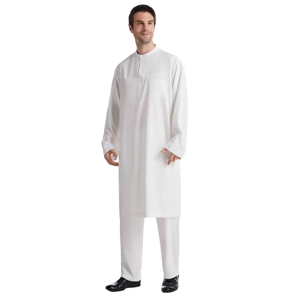 Men Jubba Thobe Muslim Set Dress Abaya Arabic Islam Clothing Saudi Arab Robe Dubai Kaftan Long Shirt Pants 2PCS Daffah Dishdasha