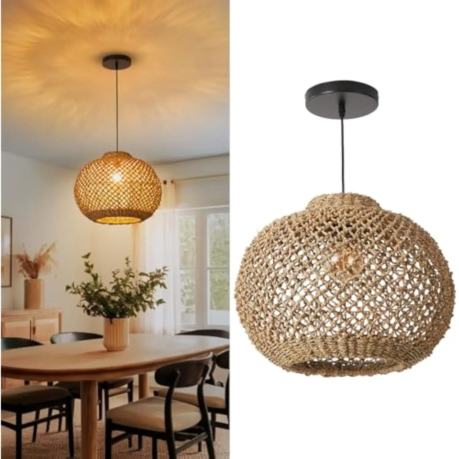 

Rattan woven pendant lights shades, hand-woven boho chandelier lighting, handmade hanging lamp crafts lampshade for dining room