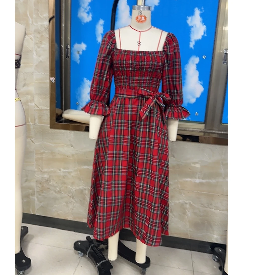 فستان نسائي صيفي خريفي طويل عتيق بأكمام منتفخة ورقبة مربعة وخصر عالي منقوش #6