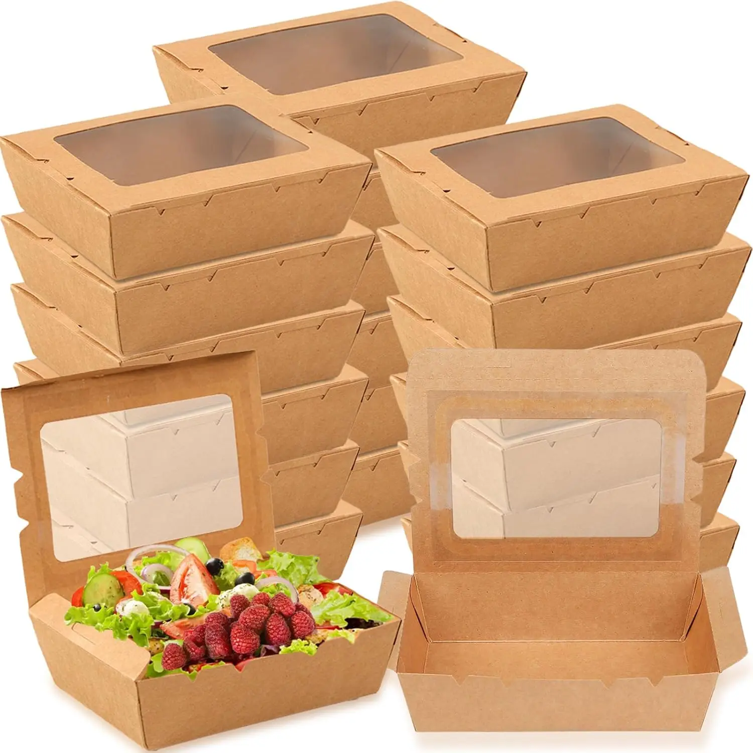 

50 Pack Take Out Food Containers with Window, 40 oz Kraft Paper Boxes for Lunch, Restaurant, Catering, Party, Picnic, Brown