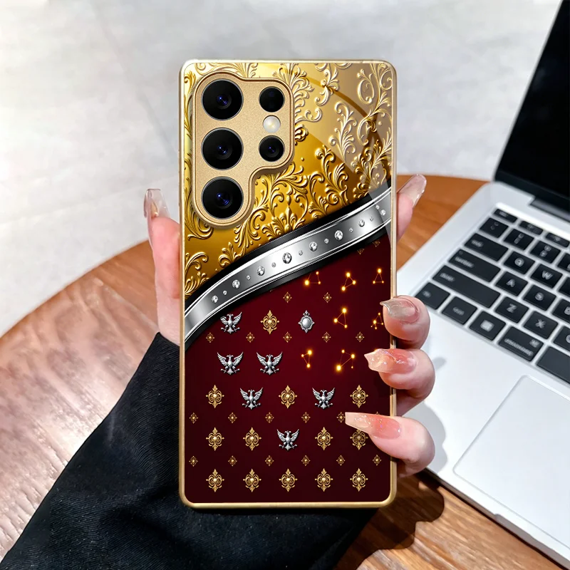 Gorgeous red gold texture s26 s25 ultra case Tempering Glass phone case for Samsung Galaxy S26/S25/S24/S23/S22/S21 Ultra FE Plus