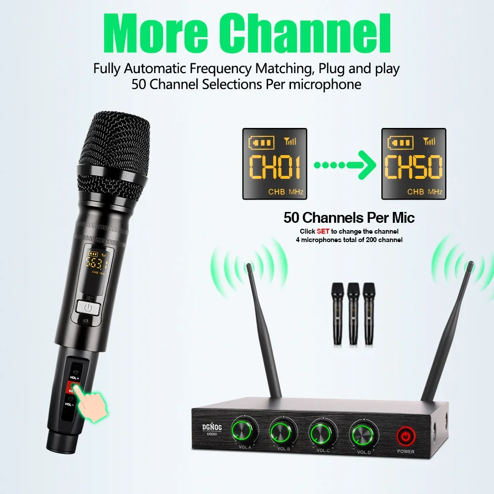 DGNOG 4 Channel Wireless Microphone System Home Karaok PA Speaker Singing Party TV Professional UHF Handheld Dynamic Mic U6080