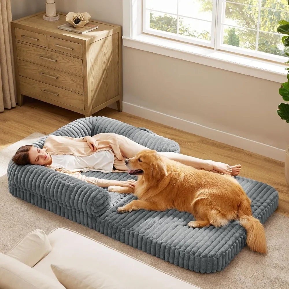 

Foldable Human Dog Bed - 2 in 1 Corduroy Fleece Calming Waterproof Bed for Adults and Giant Dogs