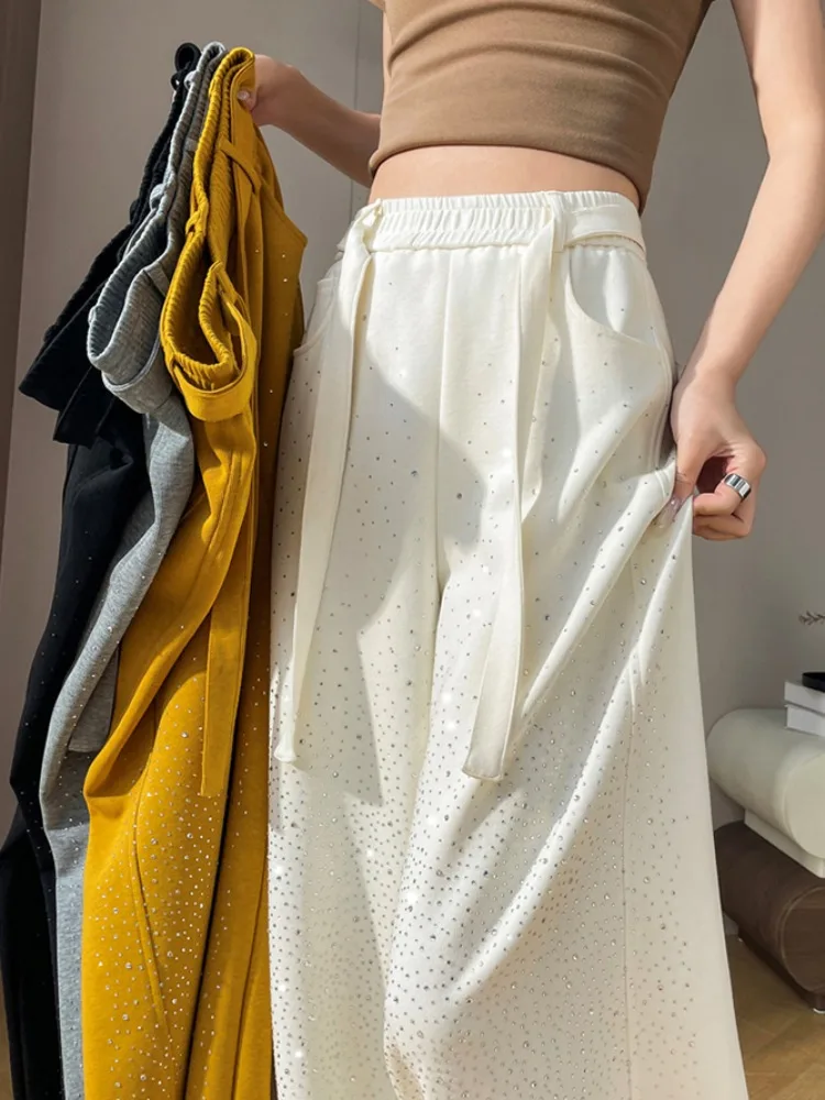 

Женские летние брюки с высокой талией, прямые, с блестящими стразами, на шнурке, повседневные, новый стиль, с эффектом мерцания