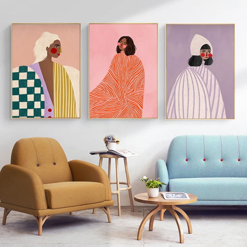 Funky Colourful Stripes Poster Canvas Painting Wall Art Pictures Checkered Pattern Simple Portrait Illustration Home Room Decor