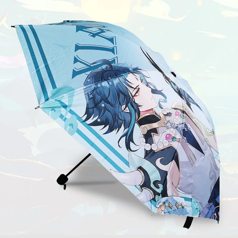 Genshin Impact Umbrella Cartoon Folding UV Blocking Black Parasol  Genshin Ganyu Windproof Anime Umbrella Portable Rain Parasol