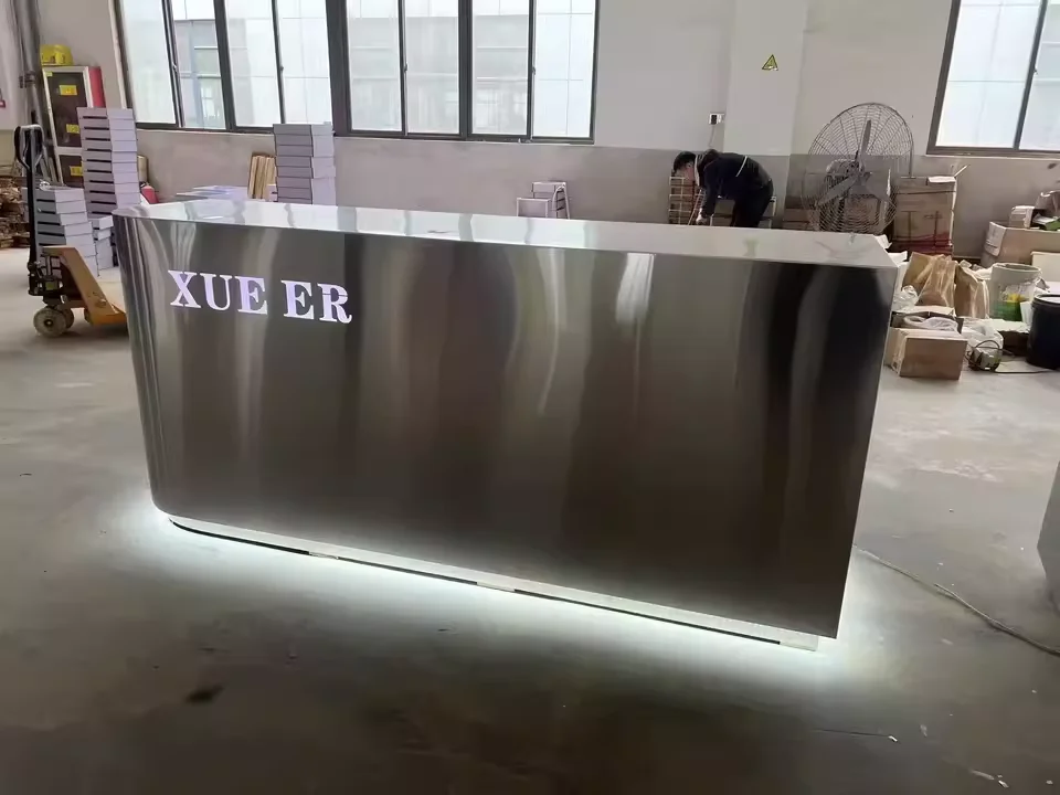 مخصص بوتيك مكتب الاستقبال مكتب صغير قائم الخروج الصناعية الجبهة الفولاذ المقاوم للصدأ الذهب أمين الصندوق بار الأثاث #5