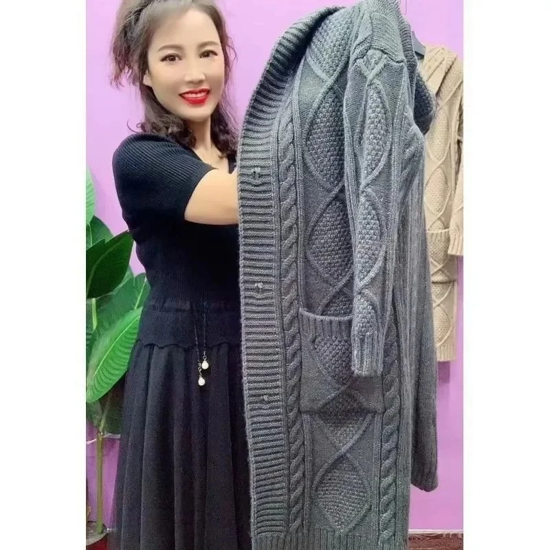 Women's Thickened Knitted Hat Sweater Coat Cardigan Middle-Length Loose Style Autumn Winter Outerwear Casual Commute Style