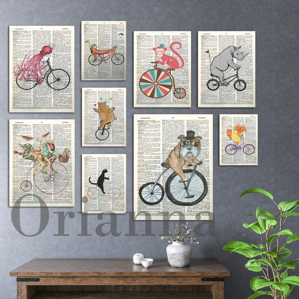 Octopus Bulldog Bears Sloth Bird Monkey Cat Cat Rhino Cow Funny Bike Retro Dictionary Wall Art Canvas Posters Decor Painting