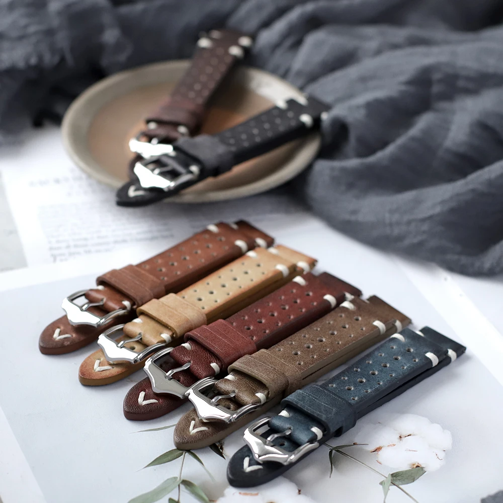 Handmade Cowhide Vintage Watchband 20mm 22mm 24mm Genuine Leather Watch Band Porous Breathable Bracelet Watch Strap Brown