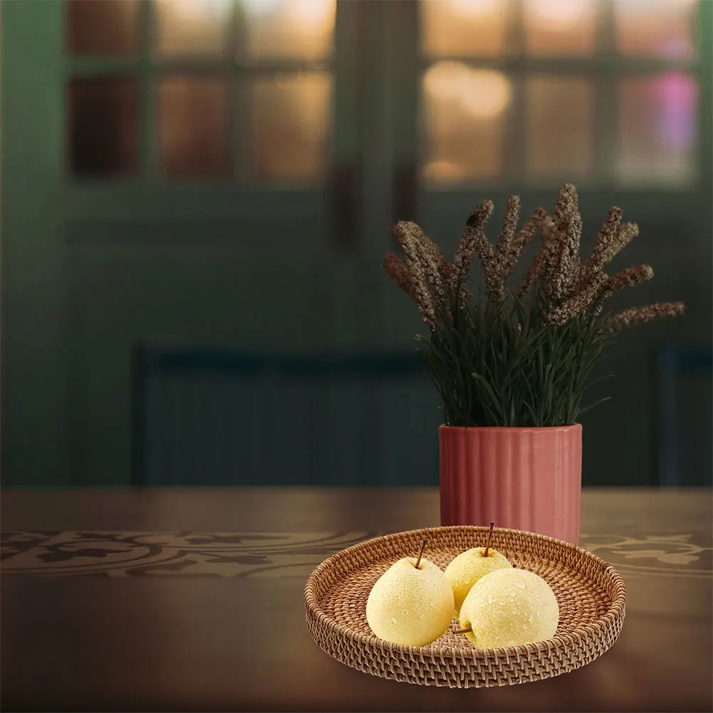 

1pcs Round Wicker Storage Basket Hand Woven Fruit Bread Tray Light Brown Kitchen Pantry Organizer Tidy Living Decor