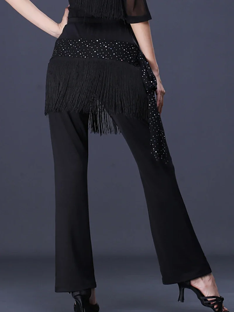 Women Latin Dance Costume Sequin Tassel Long Pants Square Sailor Dancewear Trousers Standard Ballroom Dresses for Female