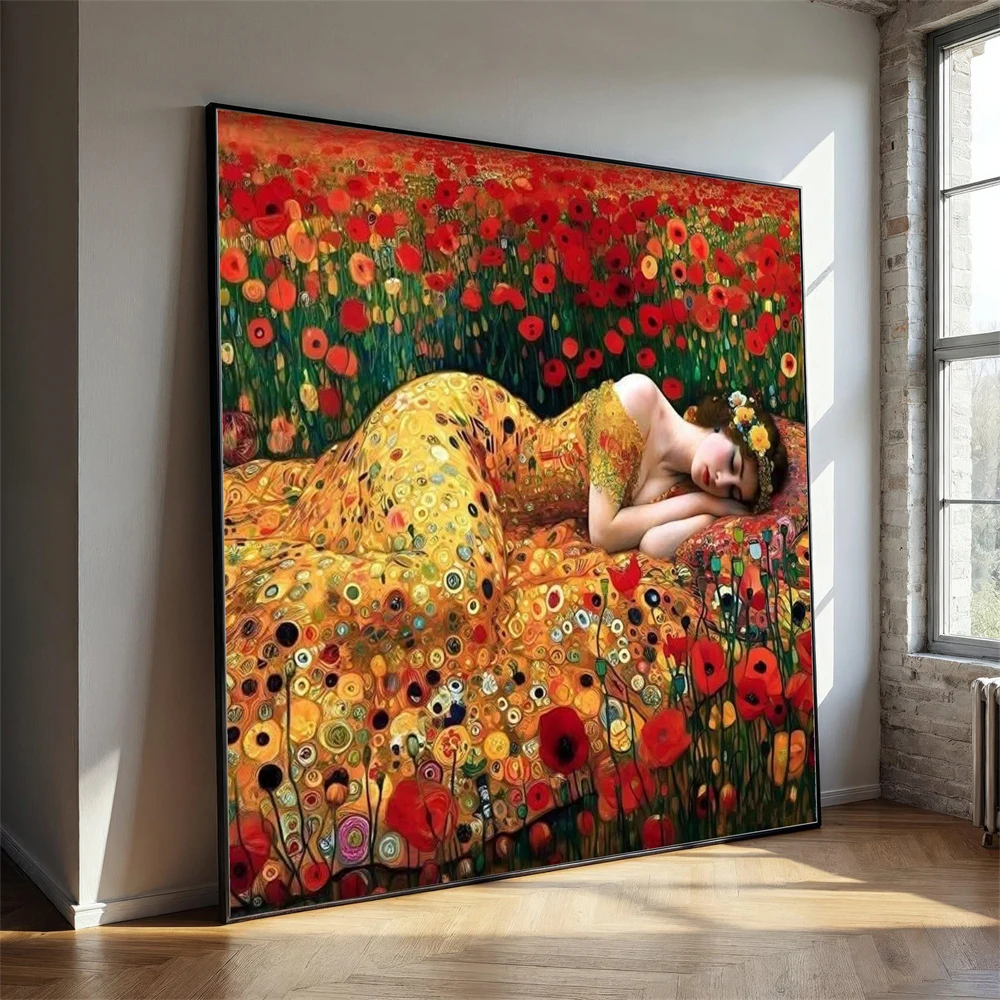 Gustav Klimt Schlafende Frau Leinwandgemälde Mohnfeld-Wandkunst Drucke Schlafzimmer Leinwandposter Elegante Heimdekoration