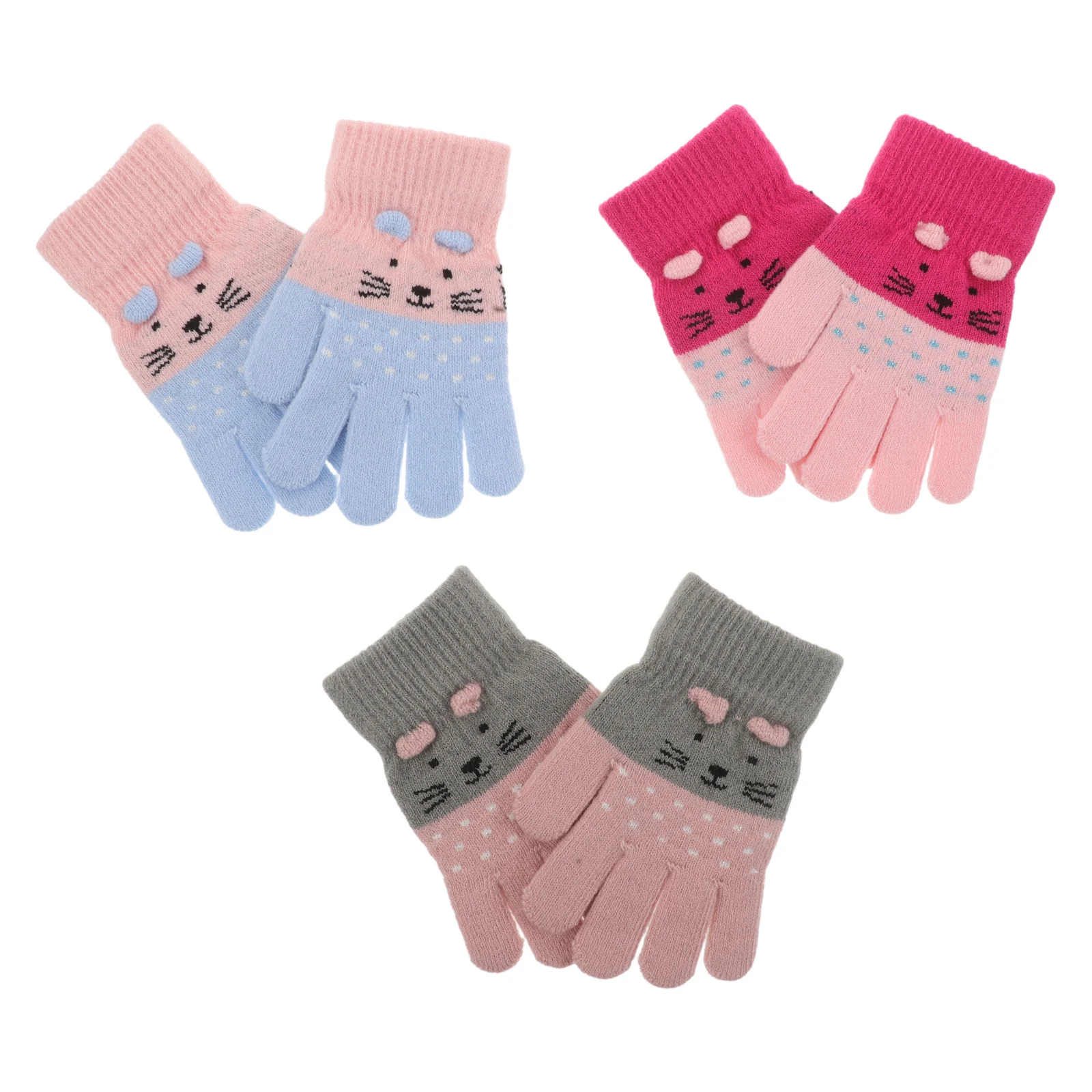 

6pcs Kids Warm Gloves Cute Cat Knit Design High-Density Winter Mittens For Children 3-7 Years Full Finger Soft Toddler Hand