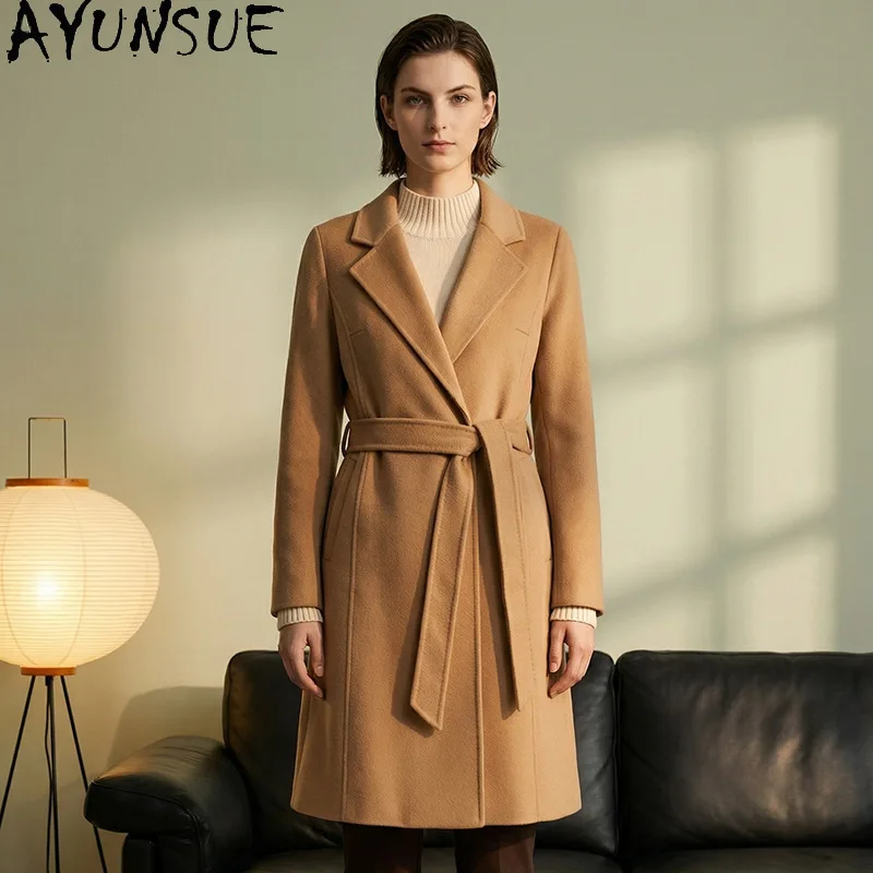 

AYUNSUE Women's 100% Wool Coat Luxury Mid-length Double-sided Woolen Jacket Woman Autumn Commuter Outerwear Woman Clothes Casaco