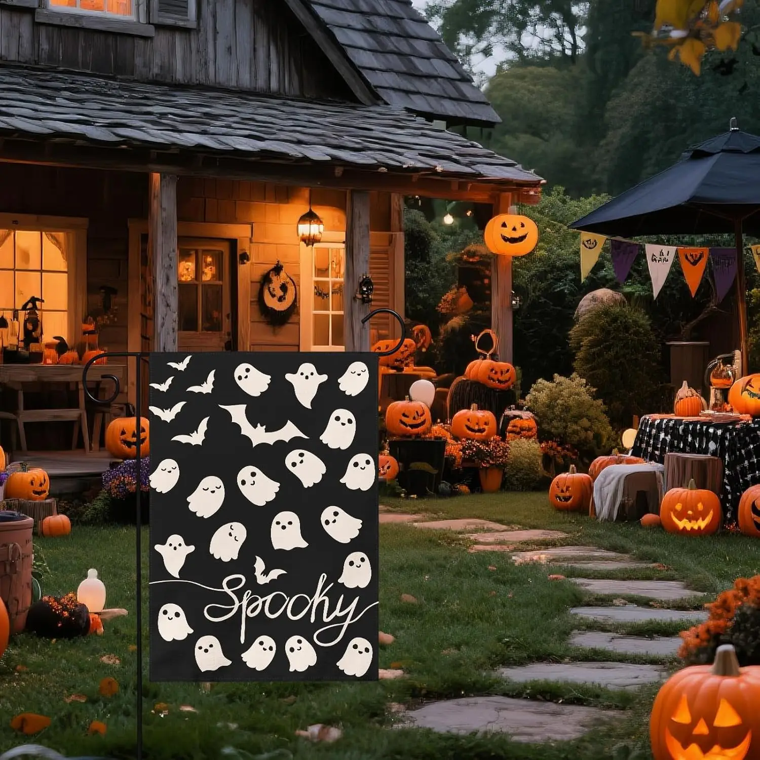 Cute Ghost Halloween Garden Flag 12x18 Inch Spoohy Black Cream Bat Scary Theme Halloween Holiday Decorative Yard Flags for O GGX