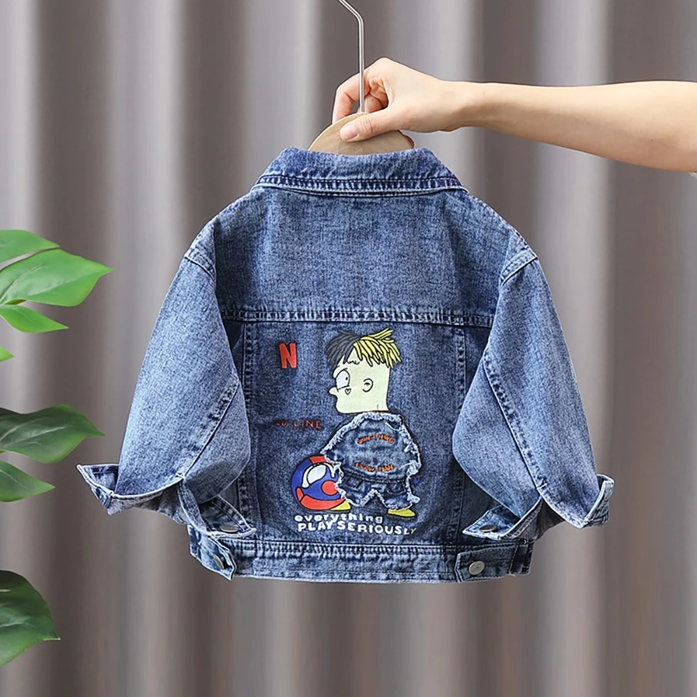 2-8Years Old Boys Denim Jackets Spring Autumn Kids Casual Loose Jean Coat Cartoon Embroidery Long Sleeve Jacket Children Clothes